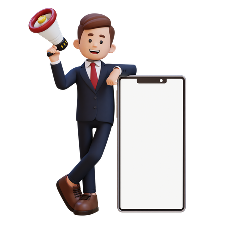 Businessman Holding Megaphone And Laying On Big Smart Phone With Empty Screen  3D Illustration