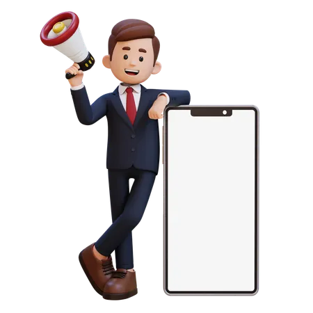 3 D Businessman Character Holding Megaphone And Laying On A Big Smart Phone With Empty Screen 3D Illustration
