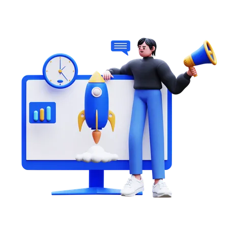 Businessman Holding Megaphone While Doing Business Launching  3D Illustration