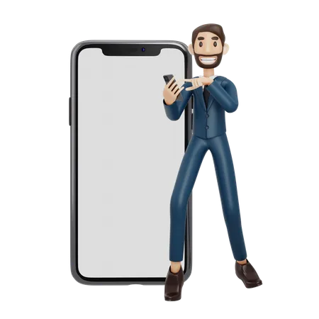 Businessman Holding Mobile  3D Illustration