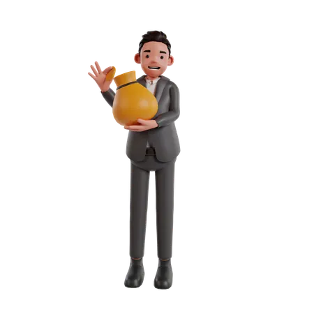 Businessman Holding Money Bag  3D Illustration