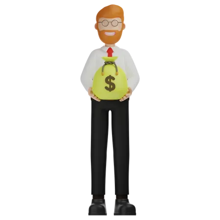 Businessman holding money bag 3D Illustration