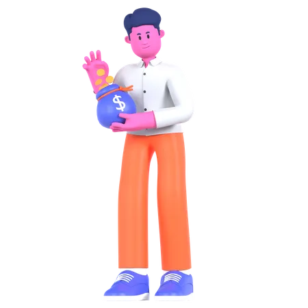 Businessman Holding Money Bag  3D Illustration