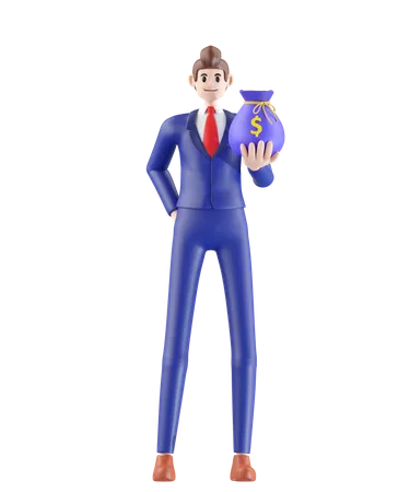 Businessman Holding A Money Bag 3 D Illustration Of Cute Cartoon Smiling Isolated On White Background 3D Illustration