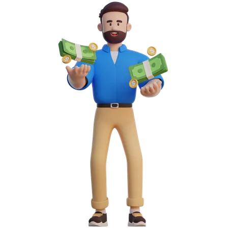 Businessman Holding Money Bundle  3D Illustration