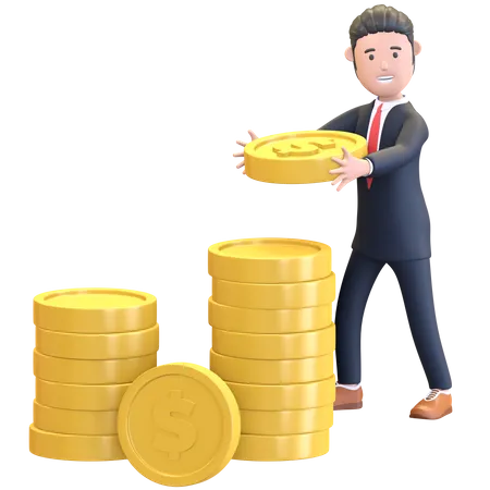 Businessman Holding Money Coin Saving Character 3 D Illustration 3D Illustration