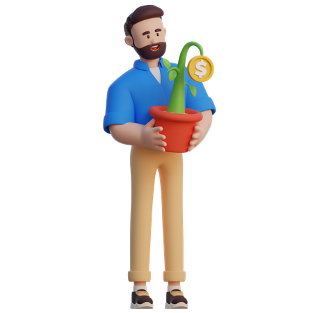 Businessman Holding Money Plant  3D Illustration