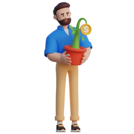 Businessman Holding Money Plant  3D Illustration