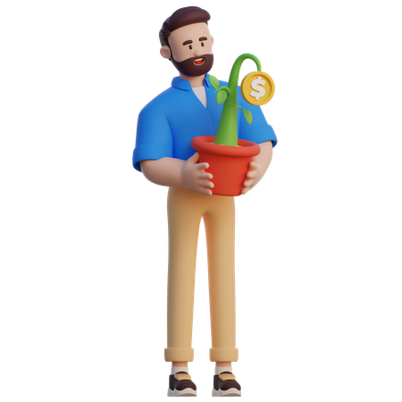 Businessman Holding Money Plant  3D Icon
