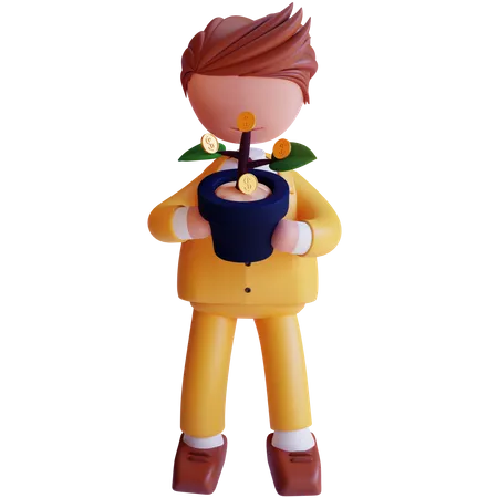 3 D Character Holding Growth Gold Coin 3D Icon