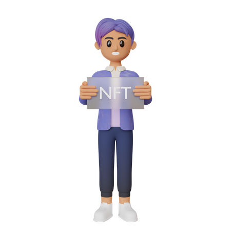 Businessman holding nft card  3D Illustration