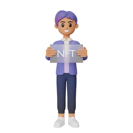 Businessman holding nft card  3D Illustration