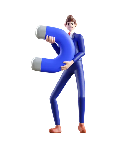 Businessman holding passive income magnet  3D Illustration