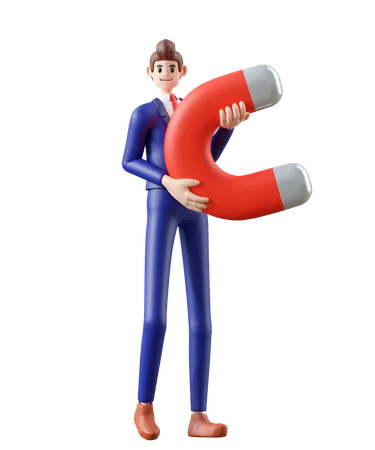Businessman Holding Passive Income Magnet 3 D Illustration Of Cute Cartoon Smiling Isolated On White Background 3D Illustration