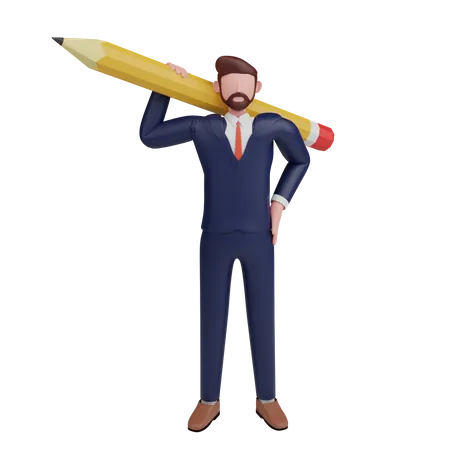 3 D Illustration Businessman Holding Pencil In Office Uniform 3D Illustration