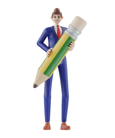Businessman Holding A Pencil 3 D Illustration Of Cute Cartoon Smiling Isolated On White Background 3D Illustration