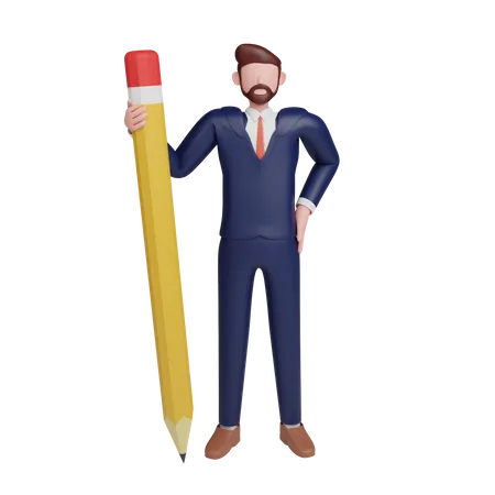 3 D Illustration Businessman Holding Pencil In Office Uniform 3D Illustration