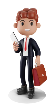 Businessman holding phone and briefcase 3D Illustration