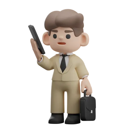 Businessman holding phone and briefcase  3D Illustration