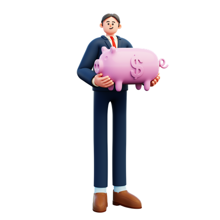 Businessman Holding Piggy Bank  3D Illustration