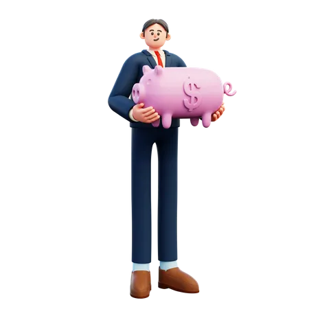 Businessman Holding Piggy Bank  3D Illustration