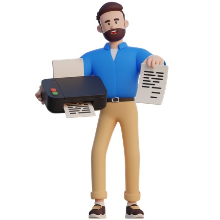 Businessman Holding Printer And Paper  3D Illustration