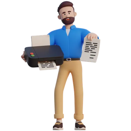 Businessman Holding Printer And Paper  3D Illustration