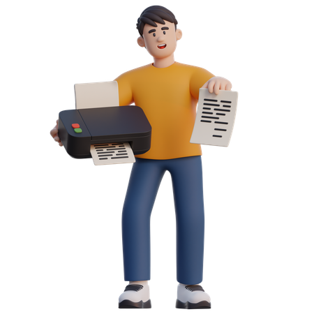 Businessman Holding Printer And Paper  3D Illustration