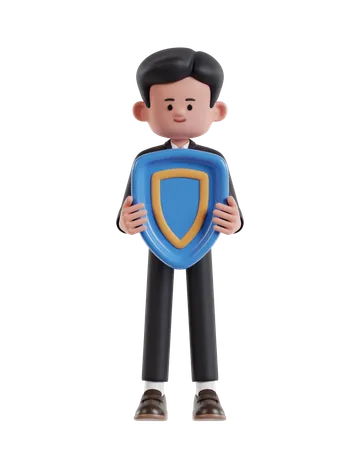 3 D Illustration Of Cartoon Businessman Holding Protection Shield 3D Illustration