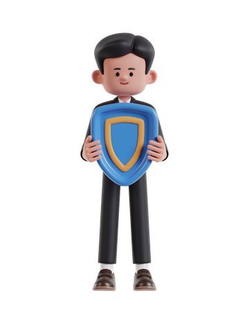 Businessman holding protection shield  3D Illustration