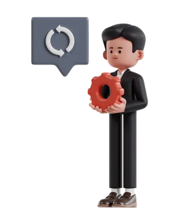 3 D Illustration Of Cartoon Businessman Holding Red Gear Managing Business 3D Illustration