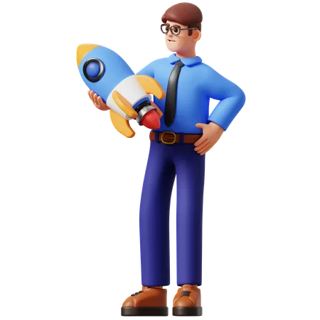 Businessman Holding Rocket  3D Illustration