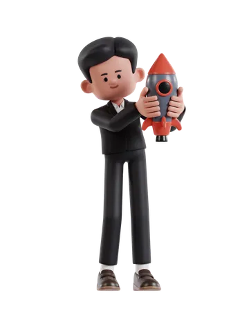 3 D Illustration Of Cartoon Businessman Holding Rocket For Business Start Up 3D Illustration