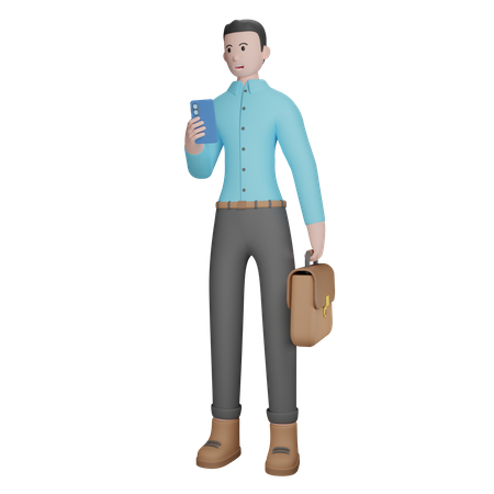 Businessman Holding Smartphone And Briefcase  3D Illustration