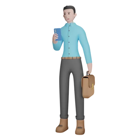 Businessman Holding Smartphone And Briefcase  3D Illustration