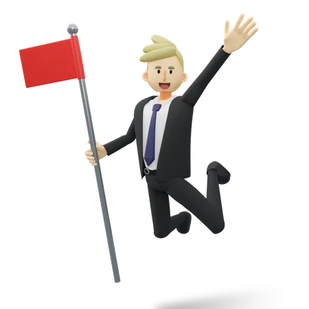Businessman holding success goal flag and jumping 3D Illustration