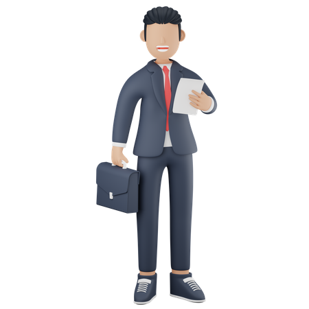 Businessman holding suitcase and paper  3D Illustration