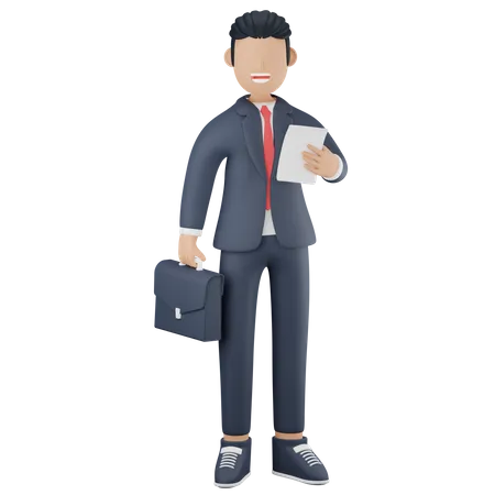 Businessman holding suitcase and paper  3D Illustration