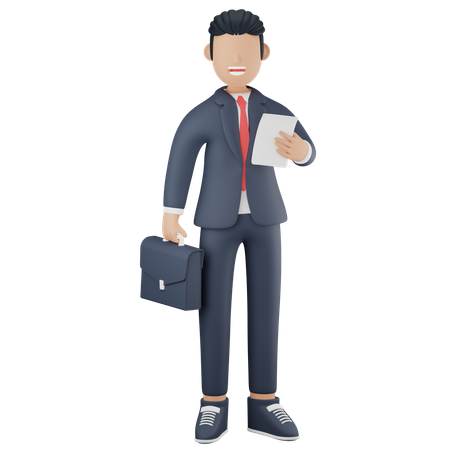 Businessman holding suitcase and paper 3D Illustration