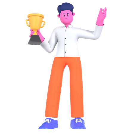 Businessman Holding Trophy  3D Illustration