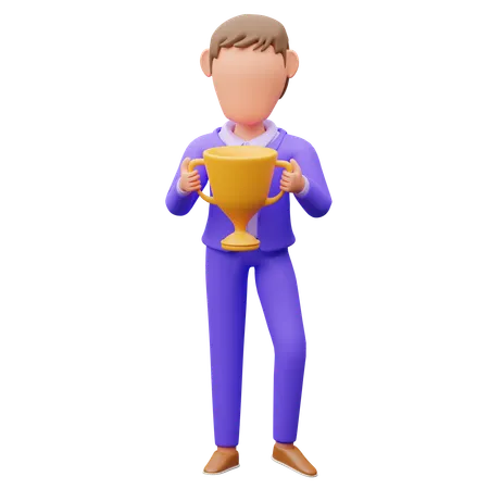 Businessman Holding Trophy  3D Illustration