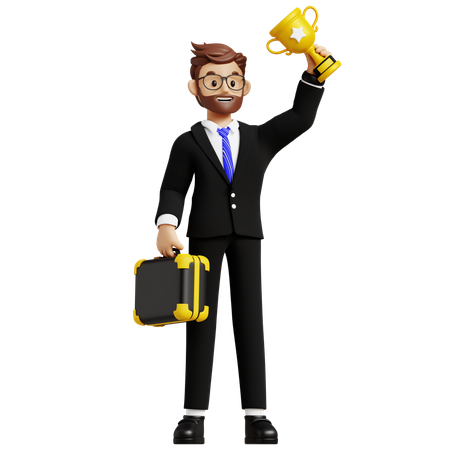 Businessman Holding Trophy  3D Illustration