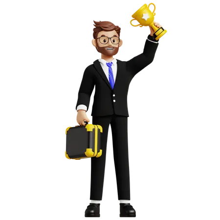 Businessman Holding Trophy  3D Illustration