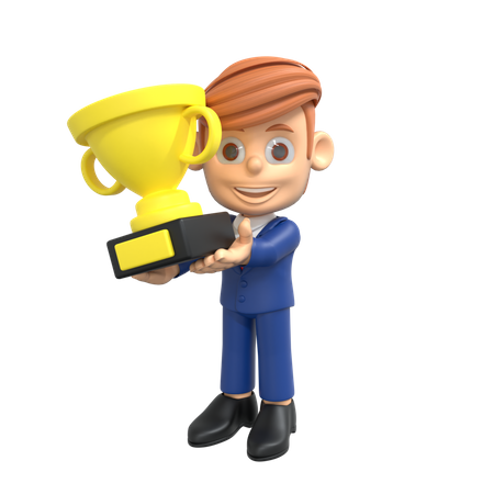 Businessman Holding Trophy  3D Illustration