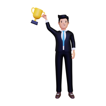 Businessman holding trophy  3D Illustration