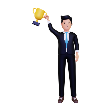 Businessman holding trophy 3D Illustration
