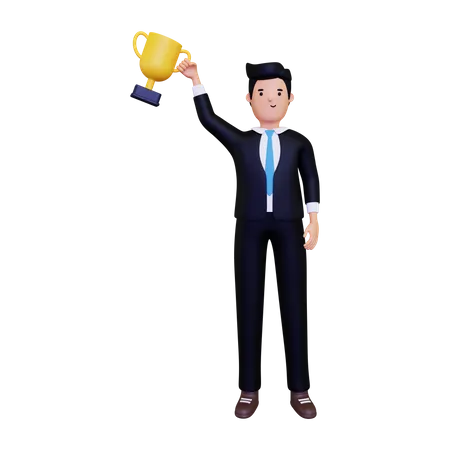 Businessman holding trophy  3D Illustration