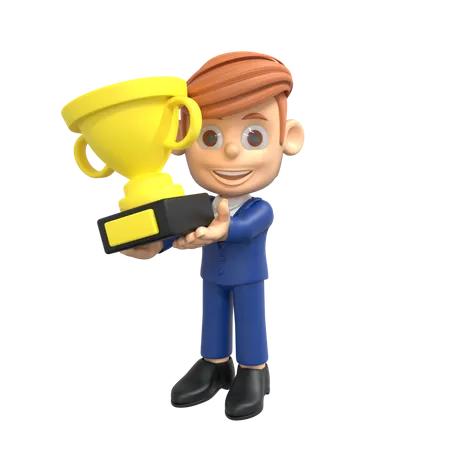 Businessman Holding Trophy  3D Illustration