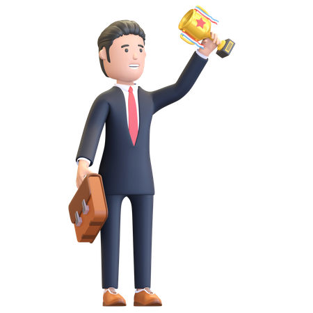 Businessman holding trophy achievement  3D Illustration