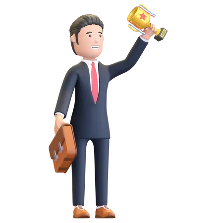 Businessman holding trophy achievement  3D Illustration